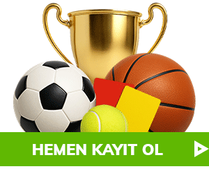 Altın kupa ve spor topları yanında Hemen Kayıt Ol butonu
